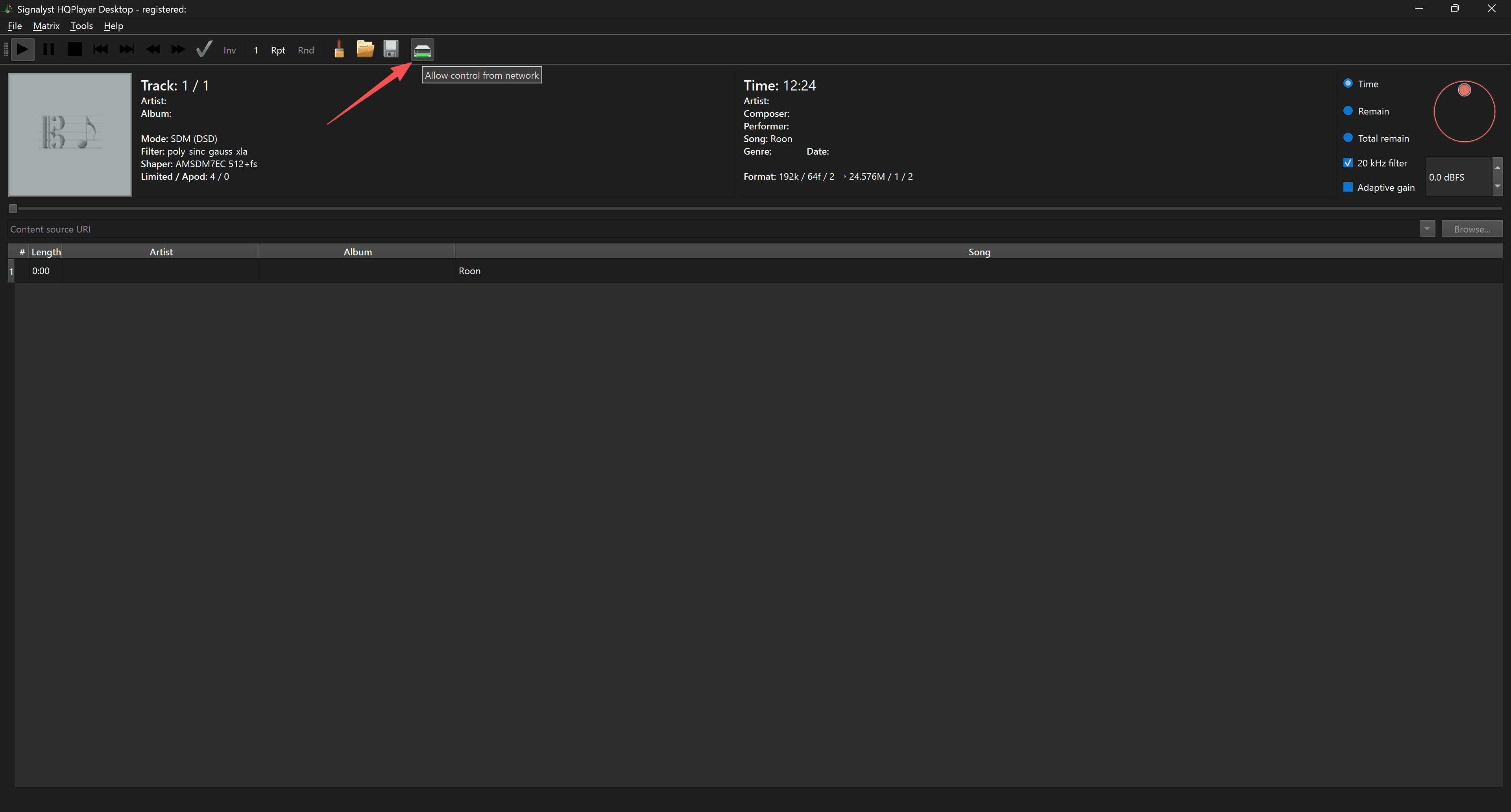 HQPlayer preferences with network remote control enabled