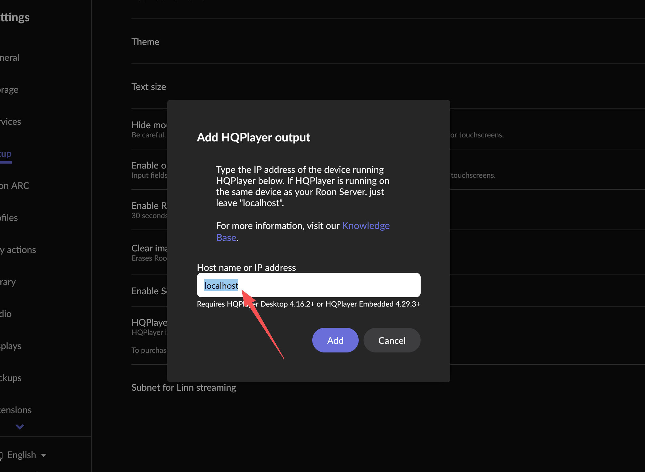 Selecting HQPlayer as the audio output in Roon