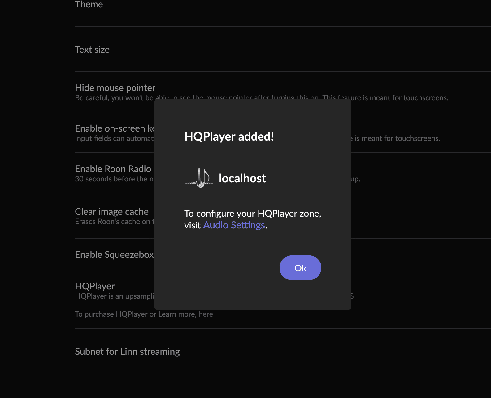 HQPlayer zone enabled in Roon audio settings