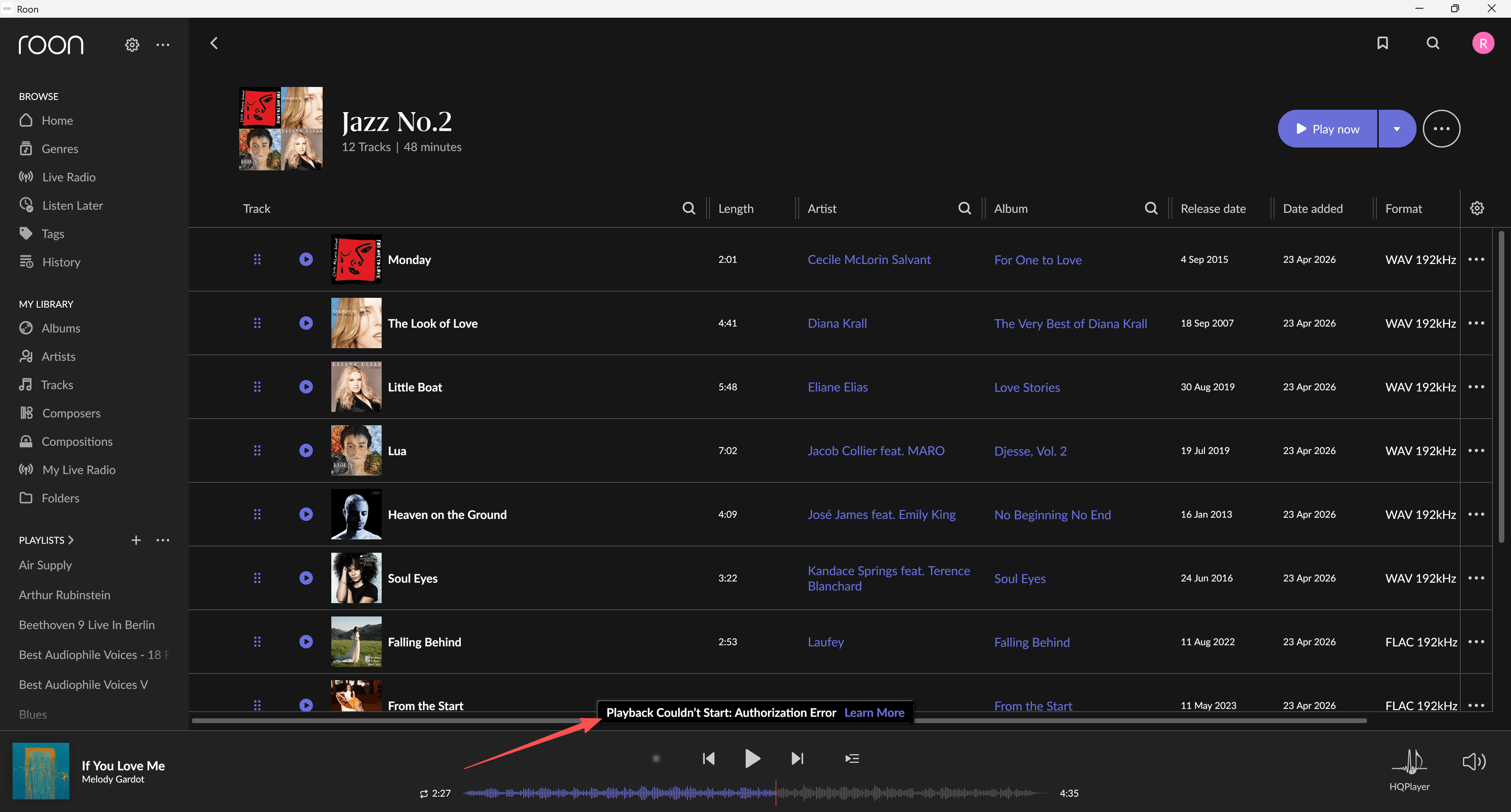 Roon showing a Playback Couldn't Start authorization error from HQPlayer