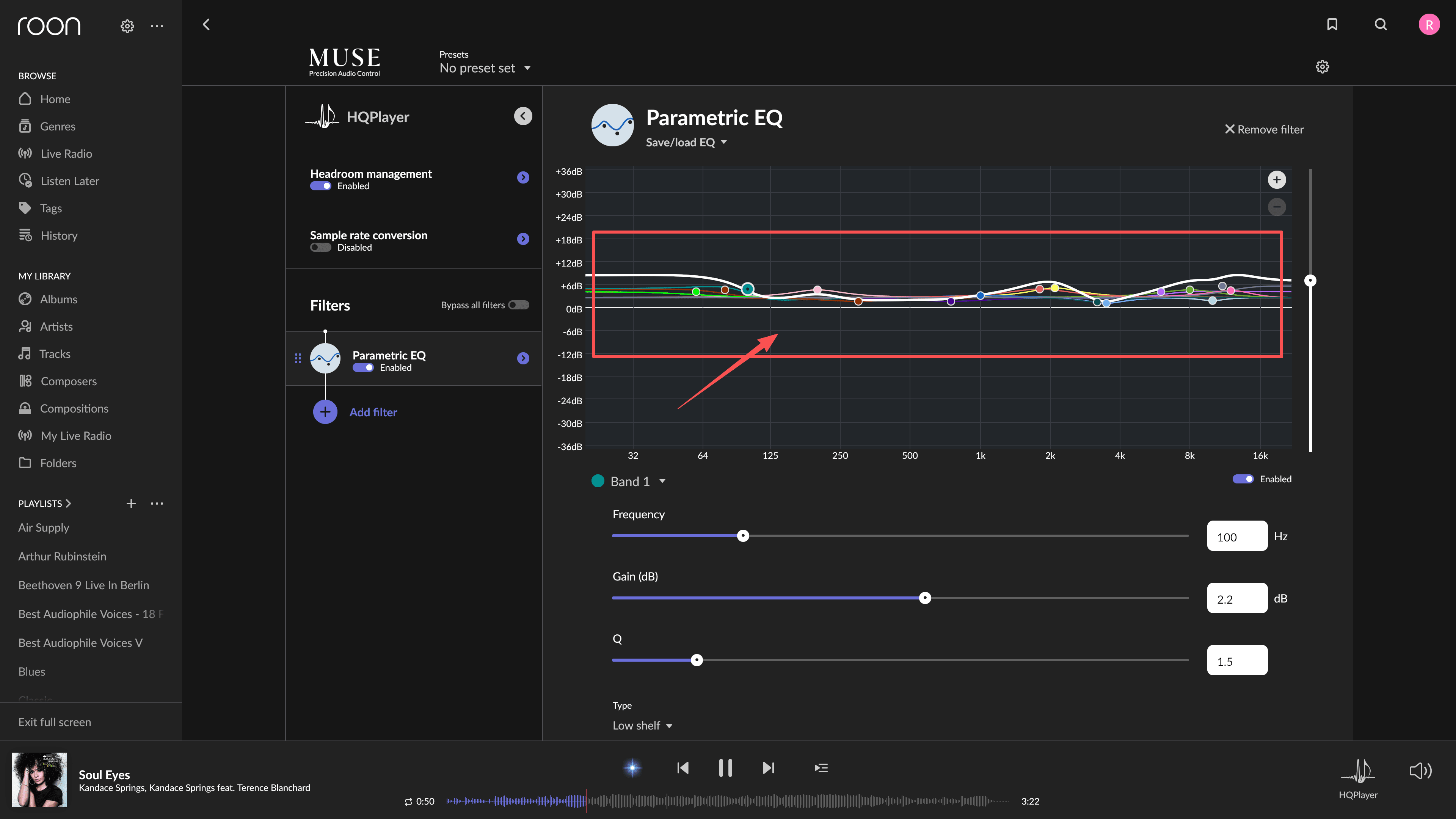 Parametric EQ overview screen in Muse DSP
