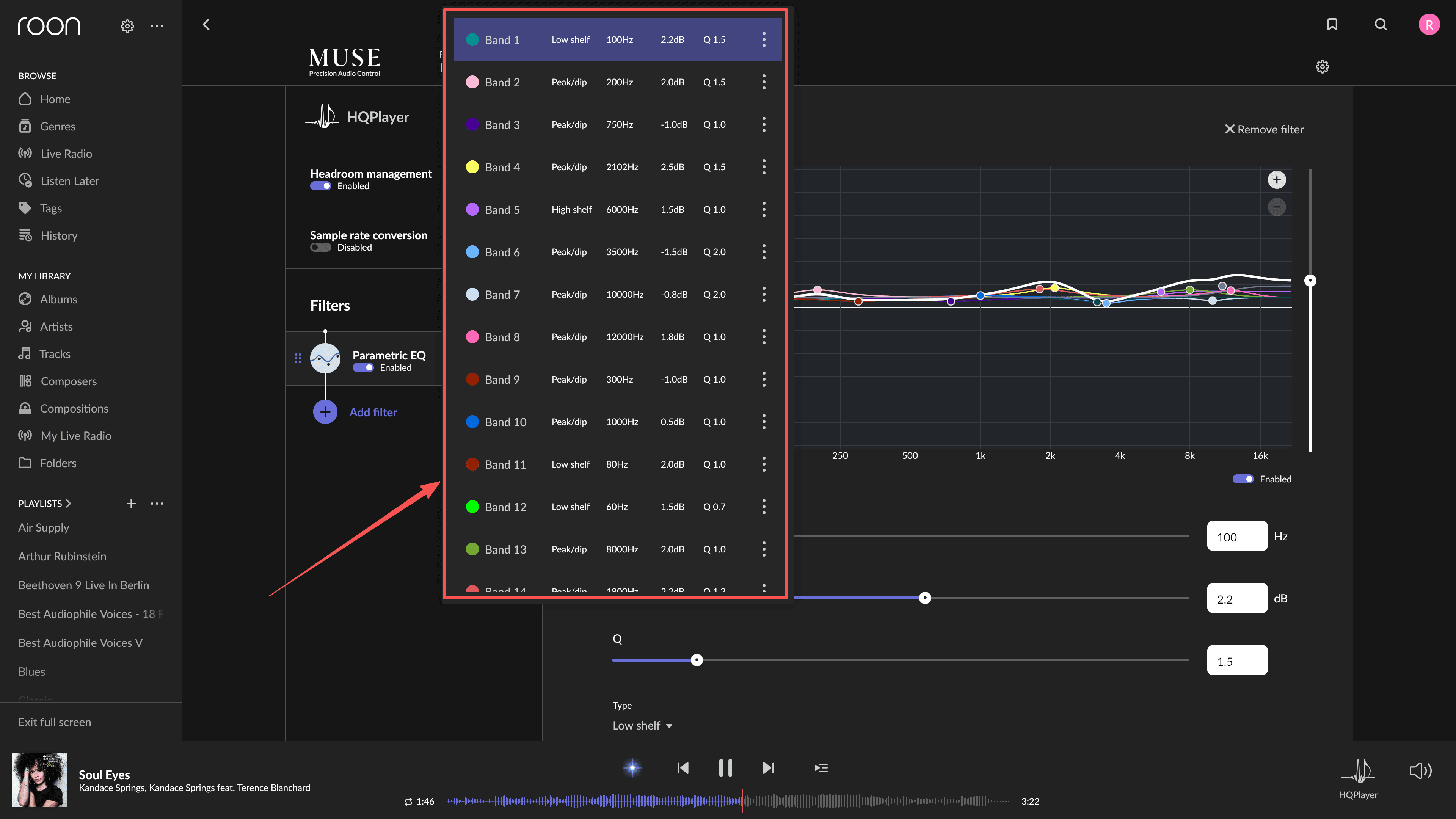 Band list panel in Muse DSP parametric EQ