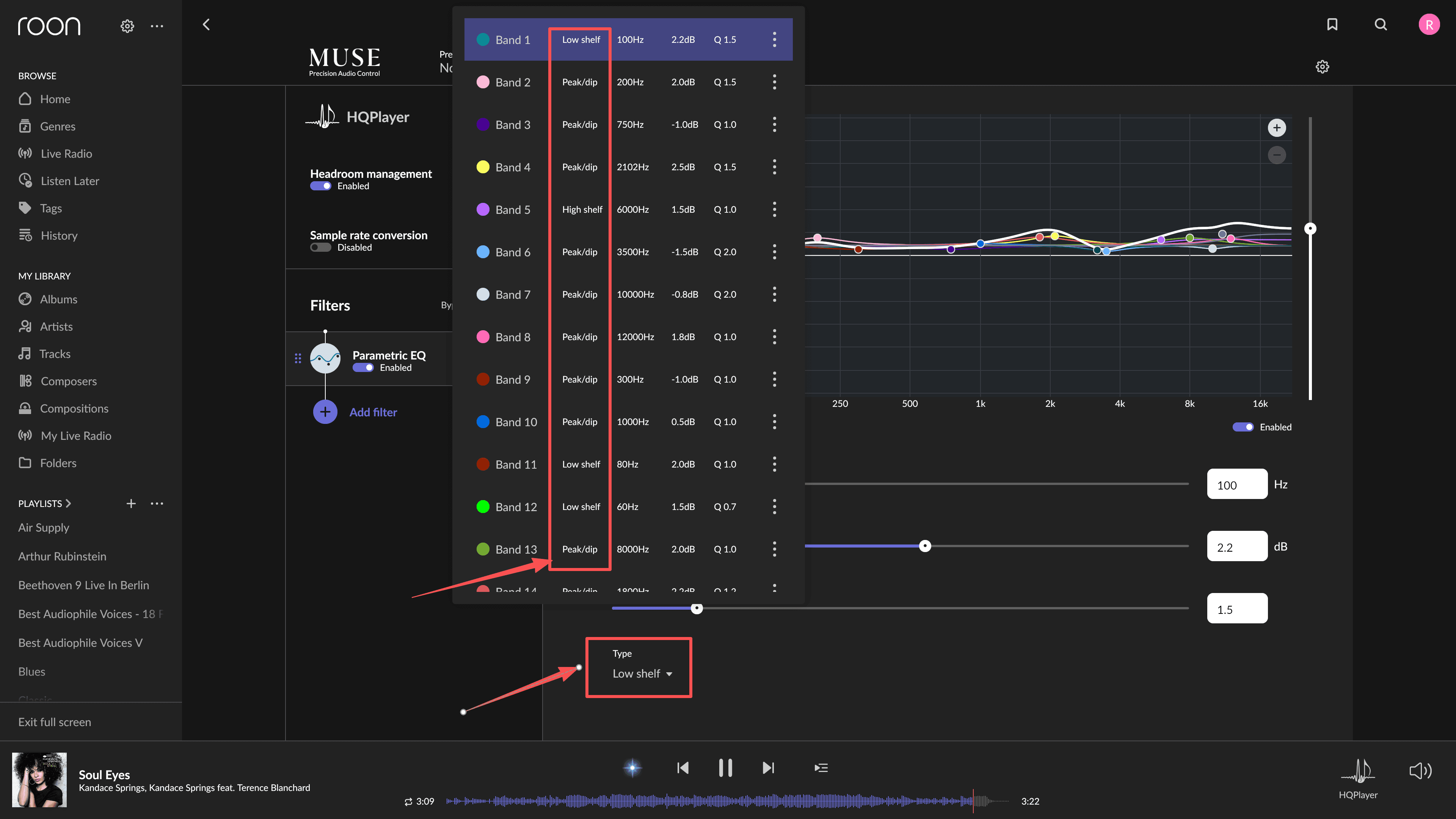Selecting a filter type for an EQ band