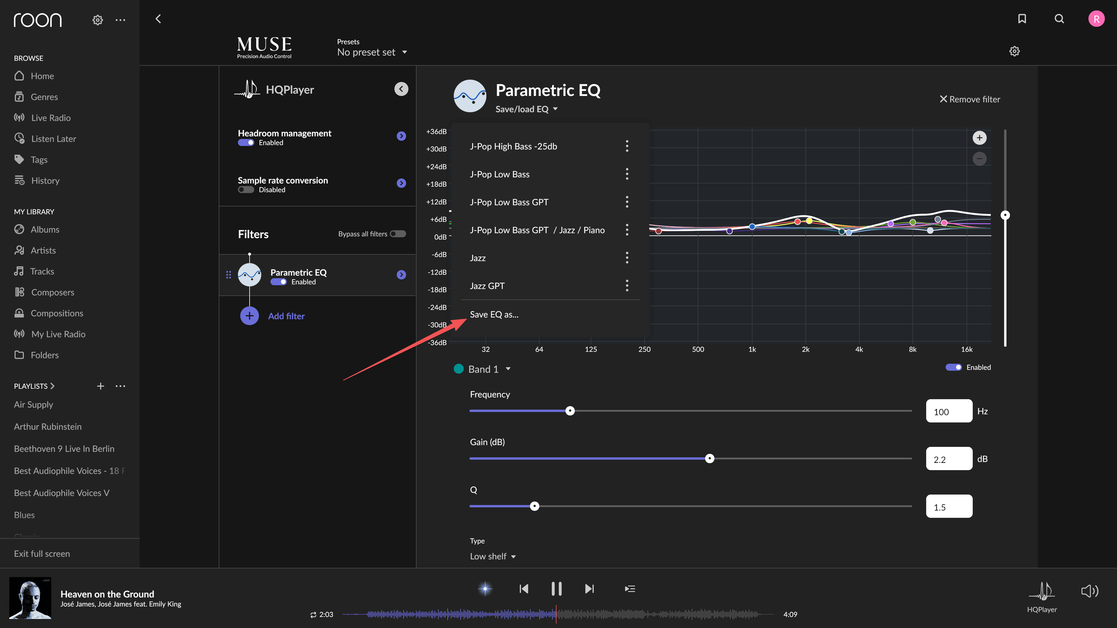 Saving an EQ preset in Muse DSP
